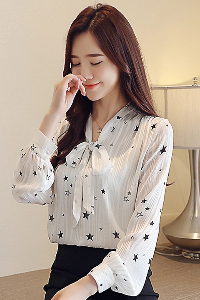 Мода 2019 летние женские шифоновые блузки со звездами с длинными рукавами черные