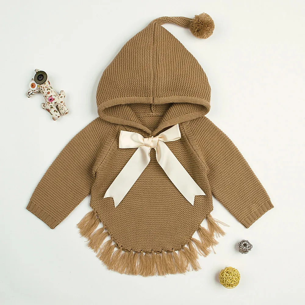 Winter Newborn Red jacket Infant Baby Boys Girls Bow Tassel Knitted Long Sleeve Hooded Tops Sweater Outfits Fringed hooded
