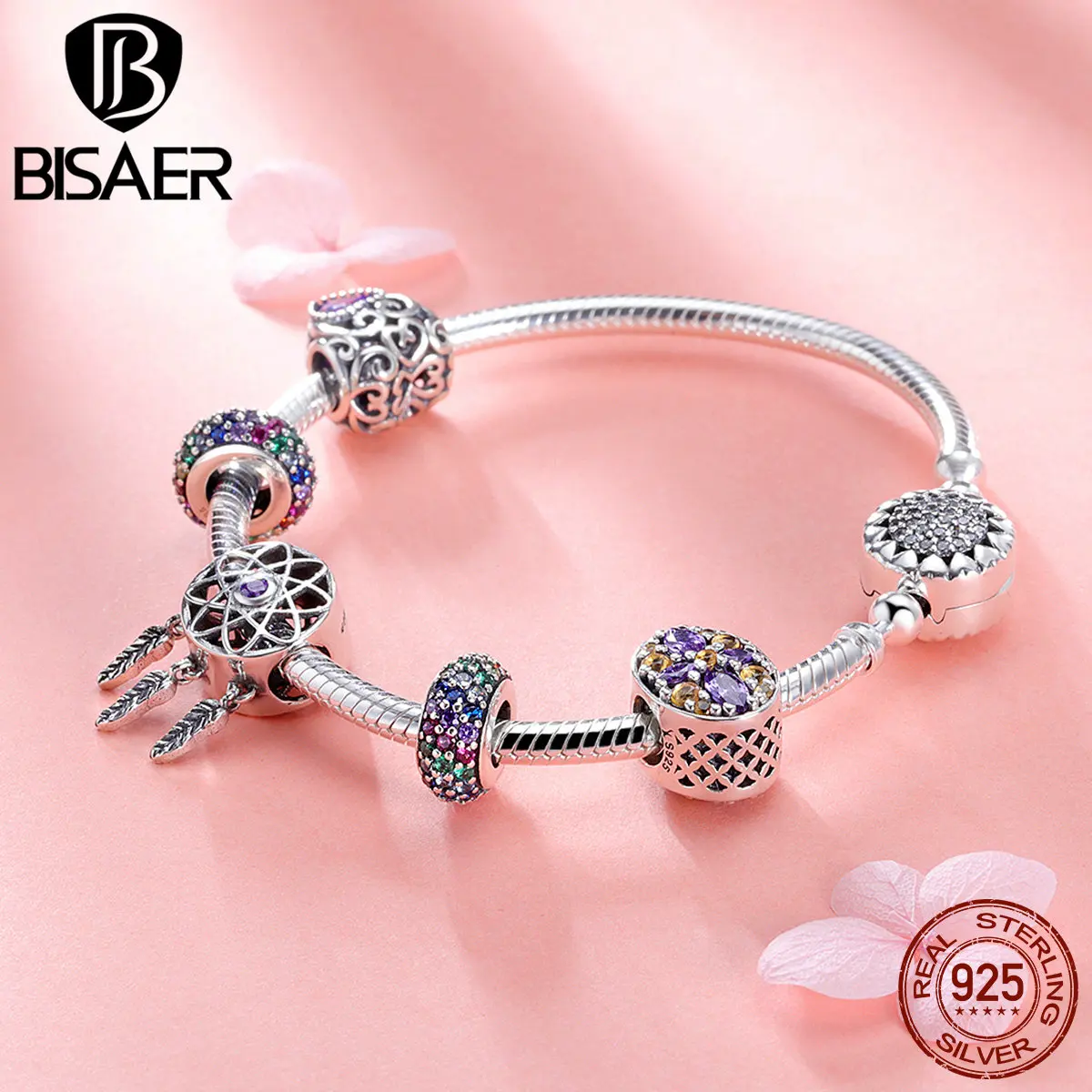 BISAER, 6 шт., 925 пробы, серебряный, Ловец снов, кисточки, Богемия Стиль, бренд, браслет с подвесками для женщин, свадебный подарок, GXB809
