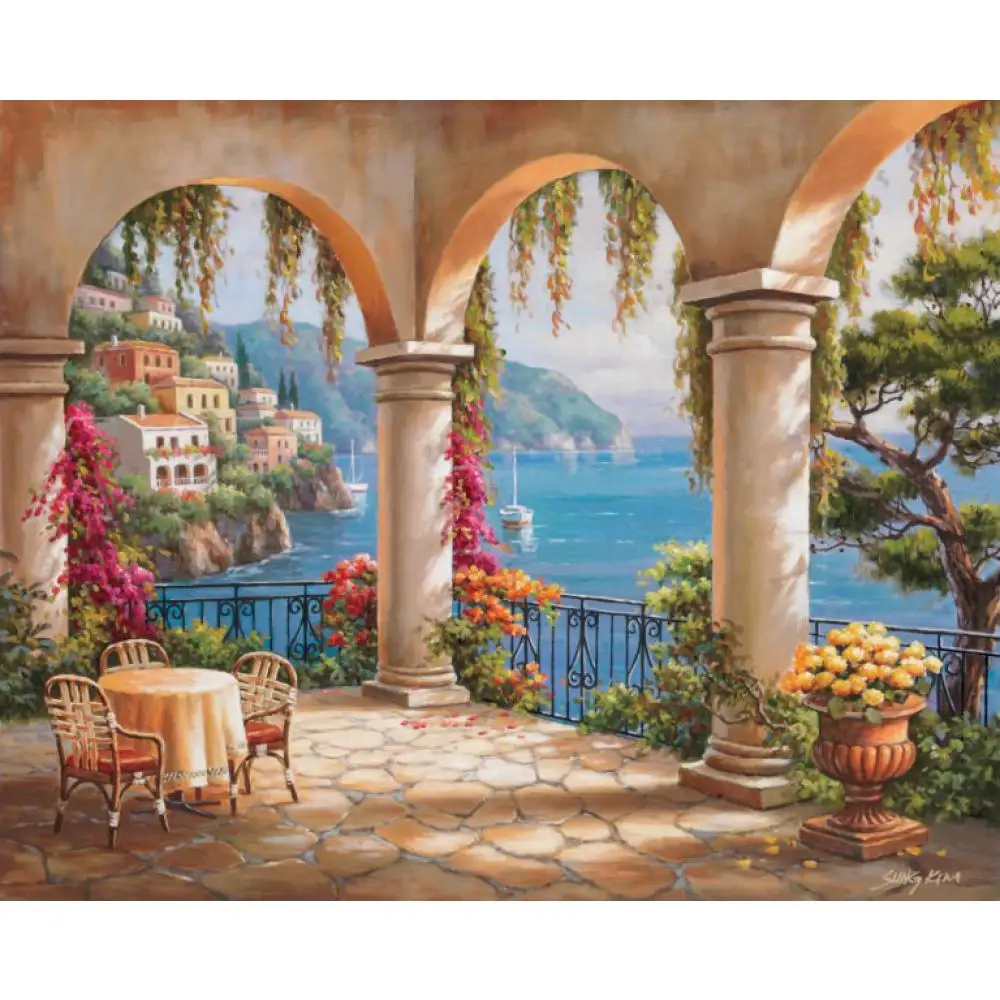 Goede Wall Art Canvas Kustlijn Mediterrane Olieverf Terras Arch Moderne Landschappen Foto's Voor Room Decor Handgemaakte Kunstwerk