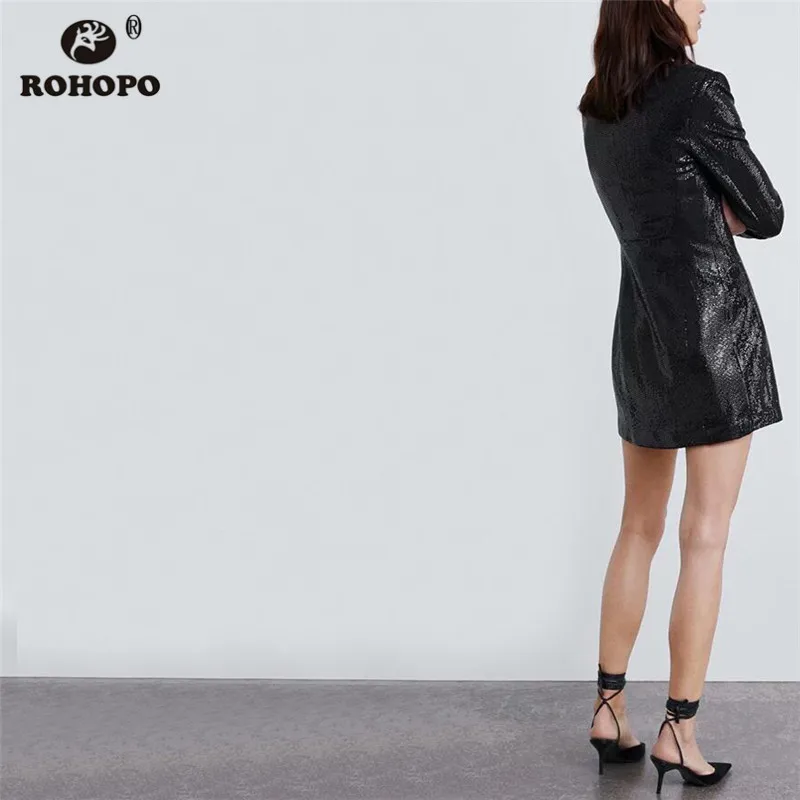 ROHOPO Black Polk Dot Sequined Straight Mini Dress Lantern Long Sleeve Autumn Notched Collar Vintage Tunic Dresses #HY8659 | Женская