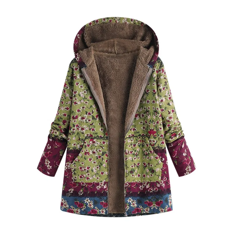 Manteau Femme Hiver, женская зимняя теплая верхняя одежда, с принтом, с капюшоном, с карманами, Ретро стиль, большие размеры, пальто, модное кашемировое пальто, женские куртки