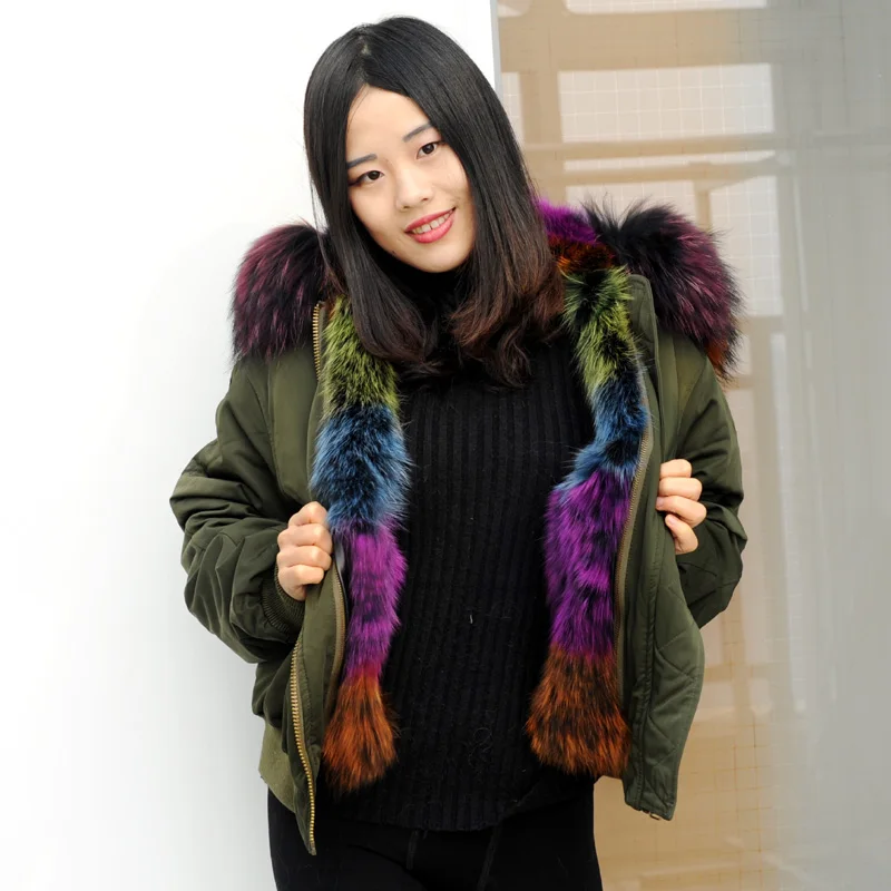 Зимняя куртка с большим воротником из меха енота смешанный цвет внутренняя парка