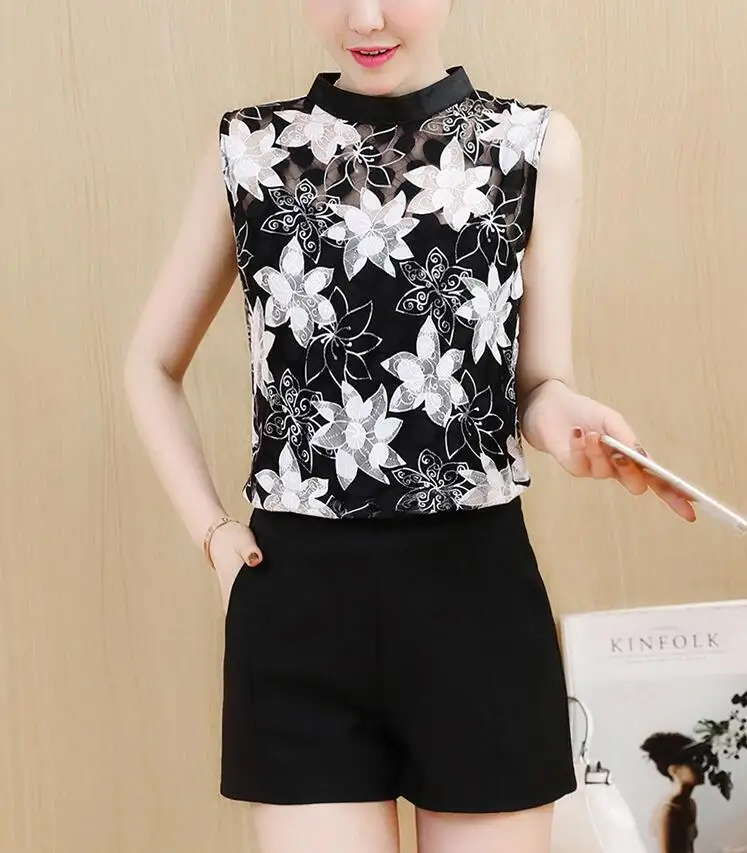 Летняя кружевная блузка в стиле ретро женская без рукавов рубашка с вышивкой