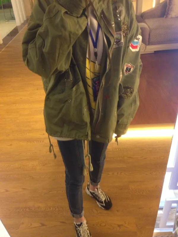 Women Cotton Jacket Coat Fashion Women Bomber jacket Embroidery Applique Rivets Oversize Women Coat Army Green Cotton Coat