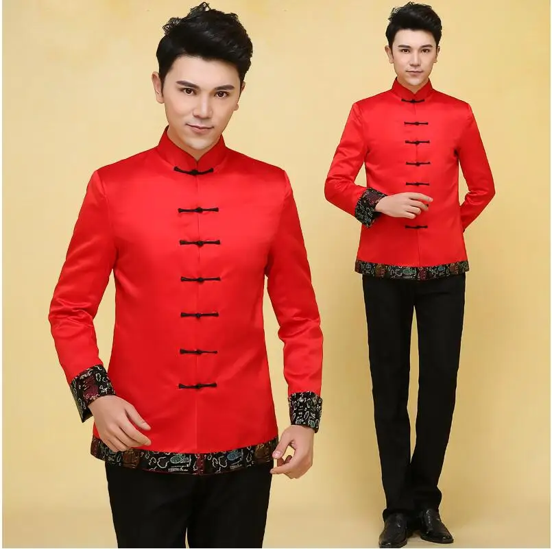 

Men's Wedding Gown Top Costume toast groom red tunic Chinese Tang Suit Red Top Retro Folk Party Clothing for Overseas Chinese
