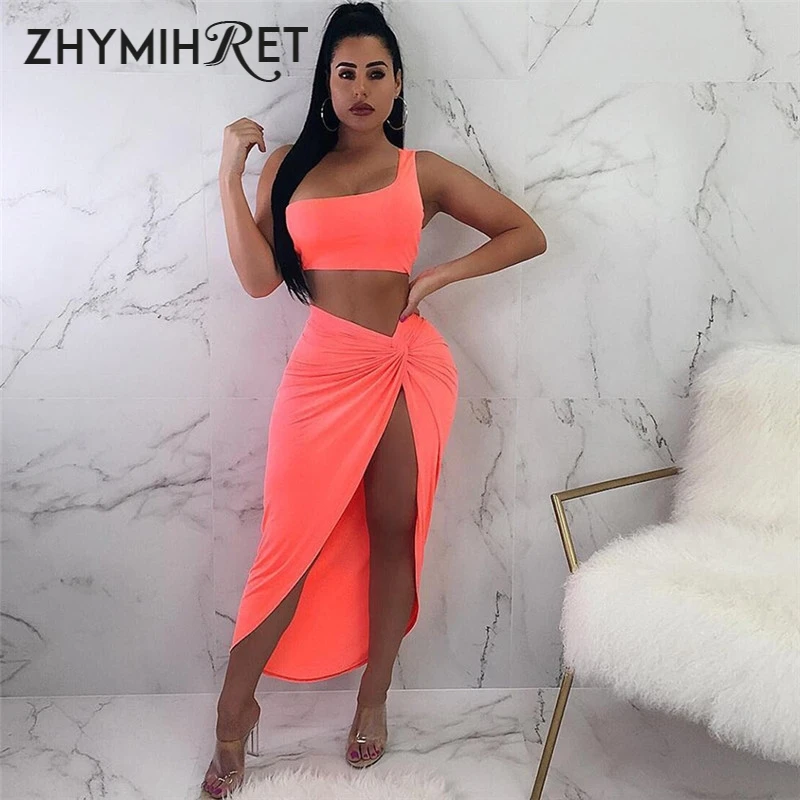 Женский комплект из 2 предметов ZHYMIHRET неоновый цвет топ на одно плечо платье с