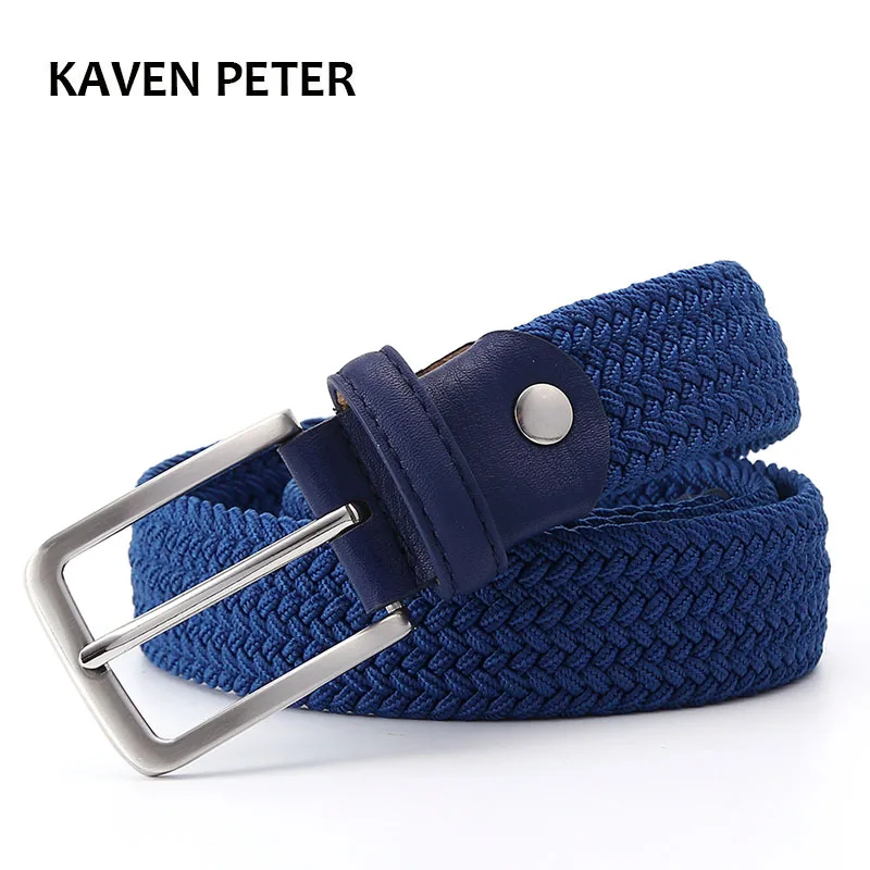 Men Blue Elastic Stretch Waist Belt Canvas Stretch Braided Elastic Woven Leather Belt 1-3/8" Wide Hot Metal Stretch Belt For Men