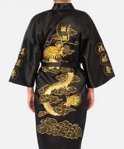 Халат-кимоно Мужской Атласный с вышивкой, шелковый халат в китайском стиле, бальное платье с драконом, размеры S, M, L, XL, XXL, XXXL, S0011, черный