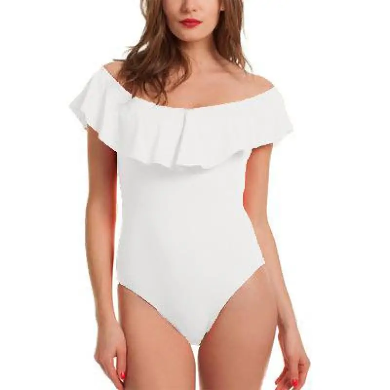 

2019 New Sexy Off The Shoulder Solid Swimwear Women One Piece Swimsuit Female Bathing Suit Ruffle Swim Wear XL