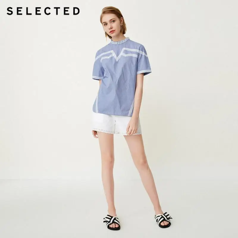 SELECTED Women's 100% Cotton Stripe Lace Splice Mock Neck Short-sleeved Shirt SIG|4183W3504 |