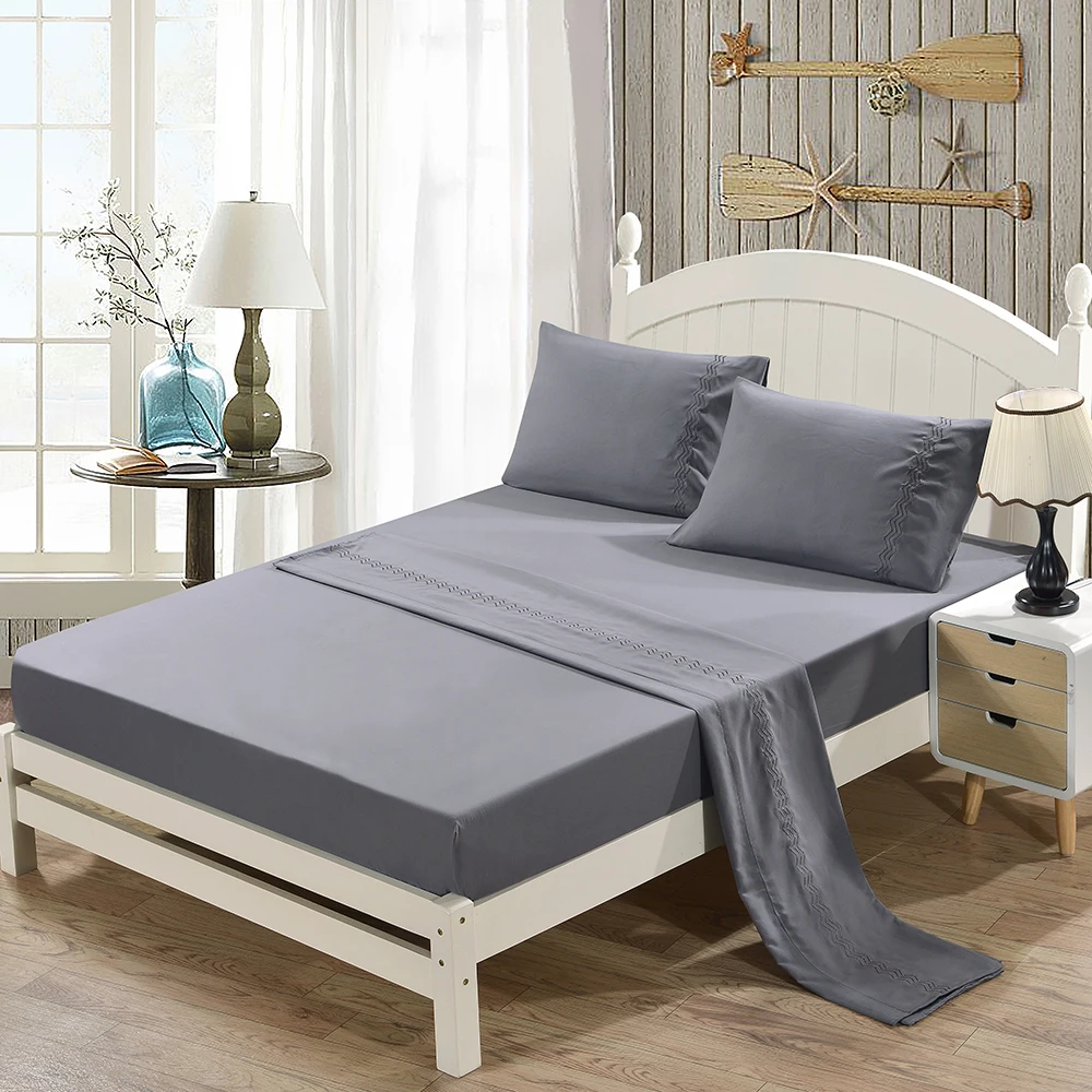 

Grinding Embroidery Bedding Set Soft Gray Fitted Sheet + Flat Sheet + Pillowcase Sheet Sets Queen 4-Piece