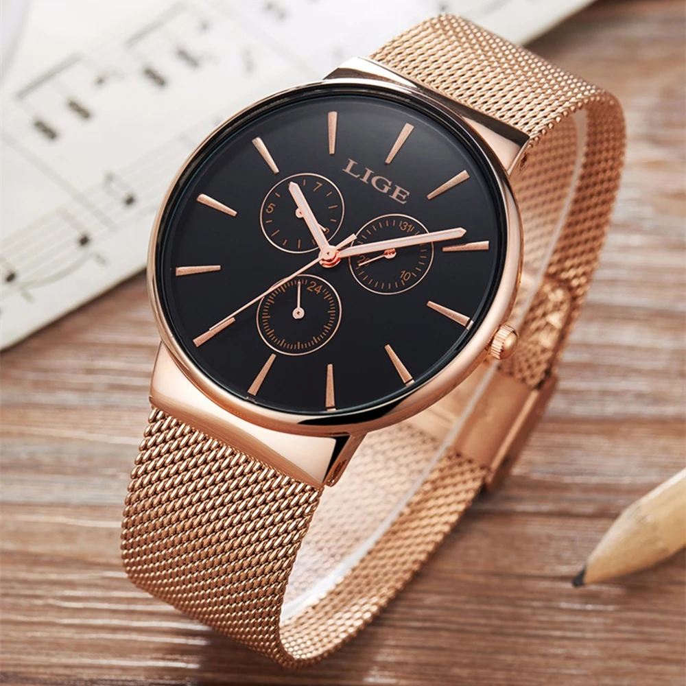 Модные Простые Стильные Топ люксовый бренд lige Часы мужчин Нержавеющая сталь Mesh