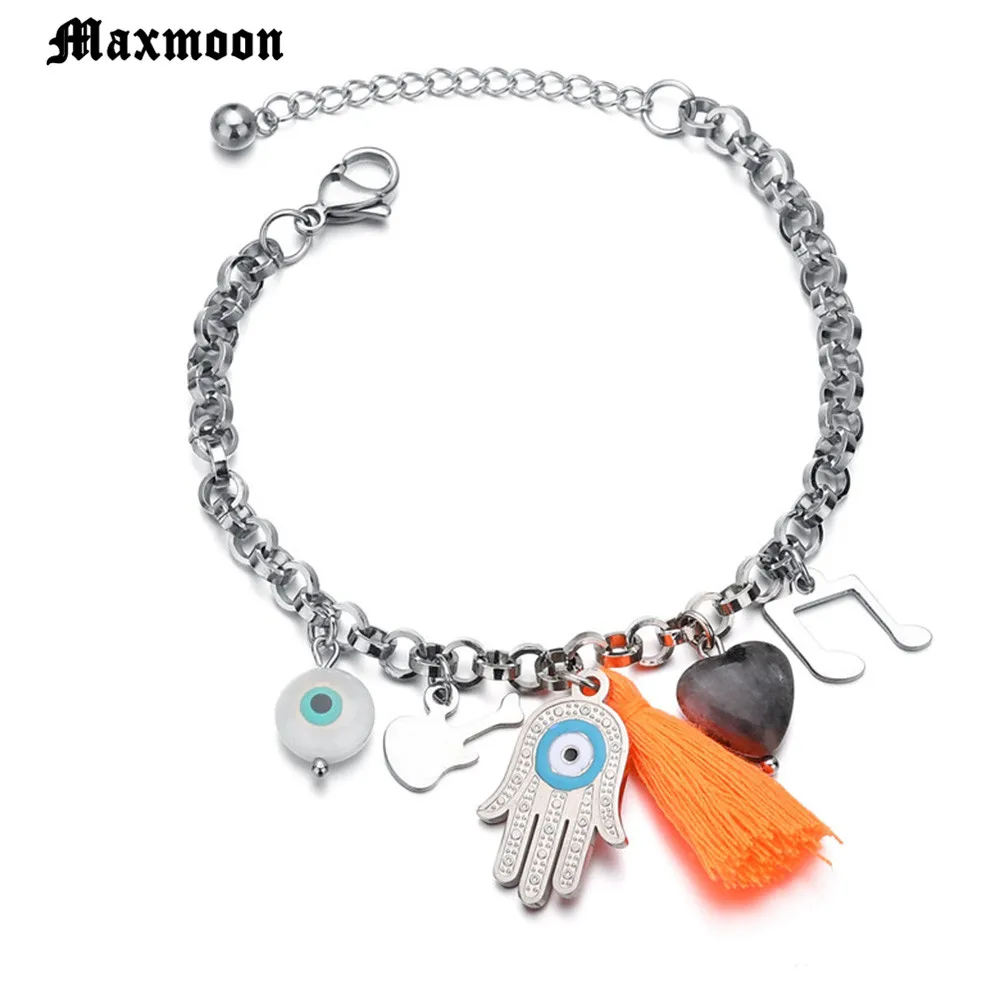 Maxmoon Lucky Kabbalah StainlessSteelHamsa браслеты синий Турецкий Дурной глаз очарование Женская