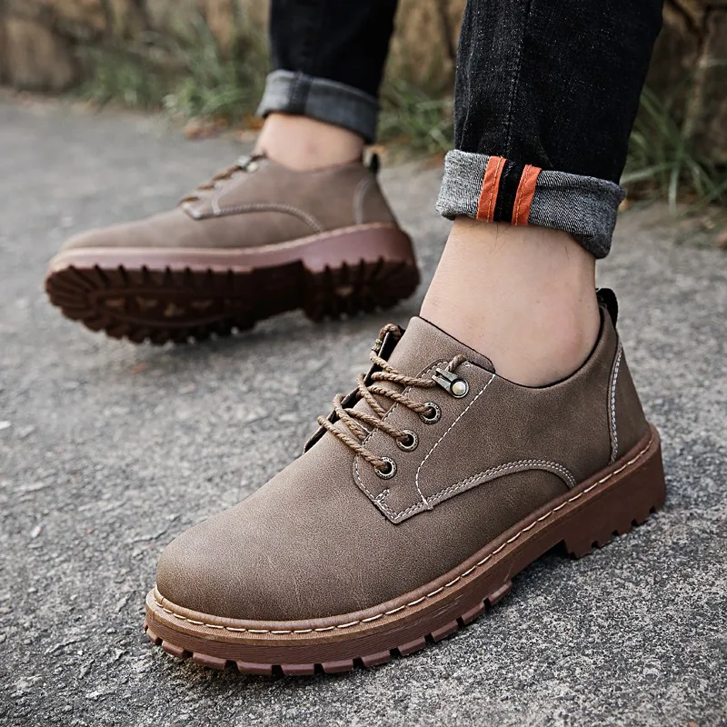 Autumn Winter Men Leather Shoes Botas Hombre Vintage Style Casual Fashion Low Top Lace-up Martin Bota Masculina | Обувь