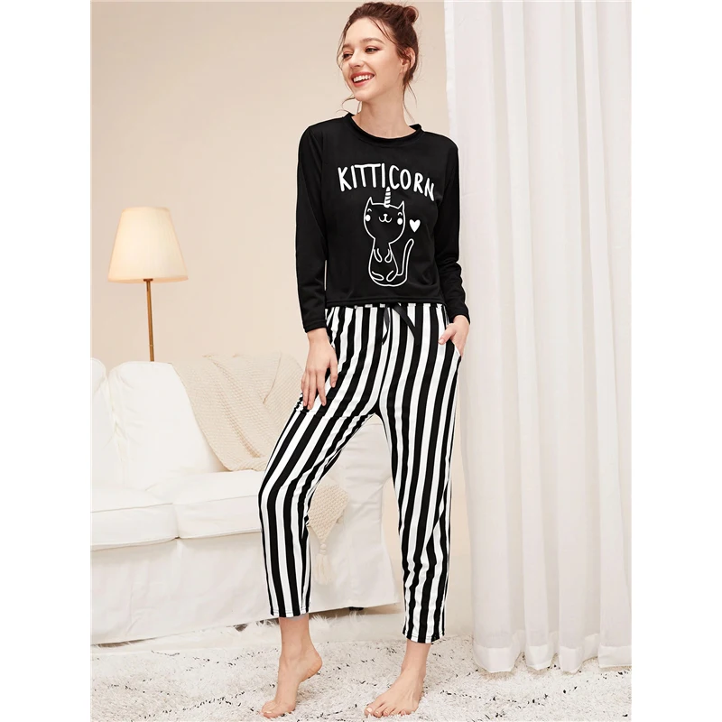 Dotfashion, топ с рисунком кота и полосатые штаны, пижамы для женщин,, Весенняя Повседневная черно-белая ночная рубашка с длинным рукавом