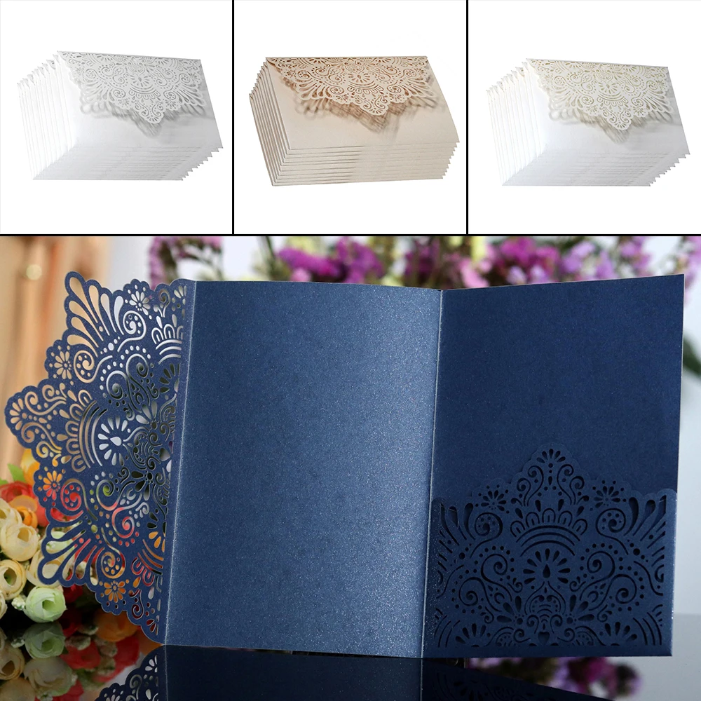 

10Pcs White Champagne Blue Laser Cut Noble Flora Wedding Invitations Card Elegant Lace Favor Envelopes Wedding Party Decor