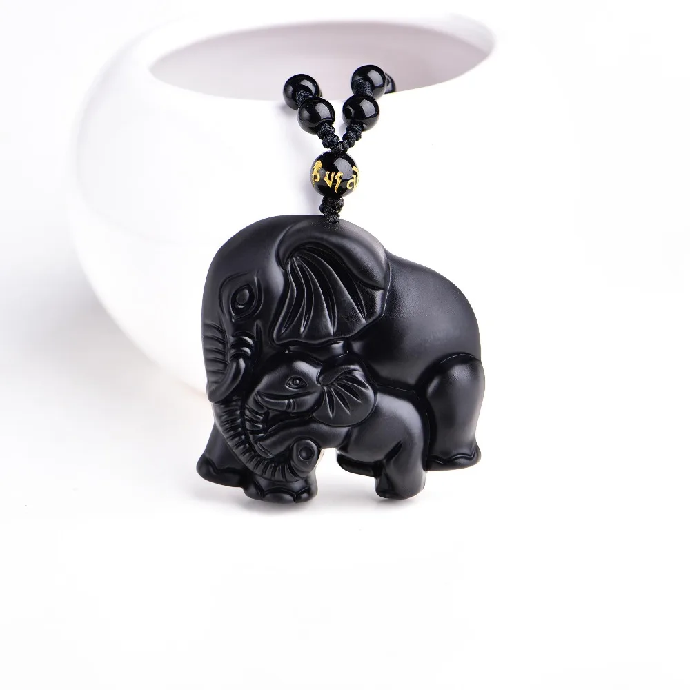 

MIARA.L Chinese Handwork Natural Black Obsidian Carved Mother Baby Cute Elephant Amulet Lucky Pendant Necklace Fashion Jewelry