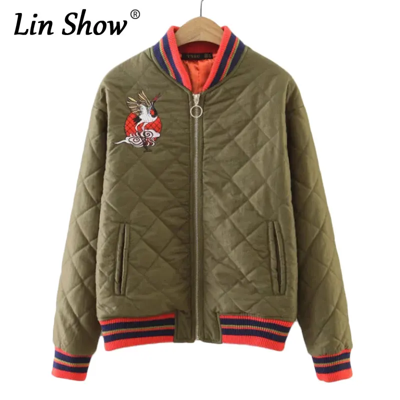 Linshow Армейский зеленый Для женщин куртка бомбер Куртки Животные вышитые мягкий
