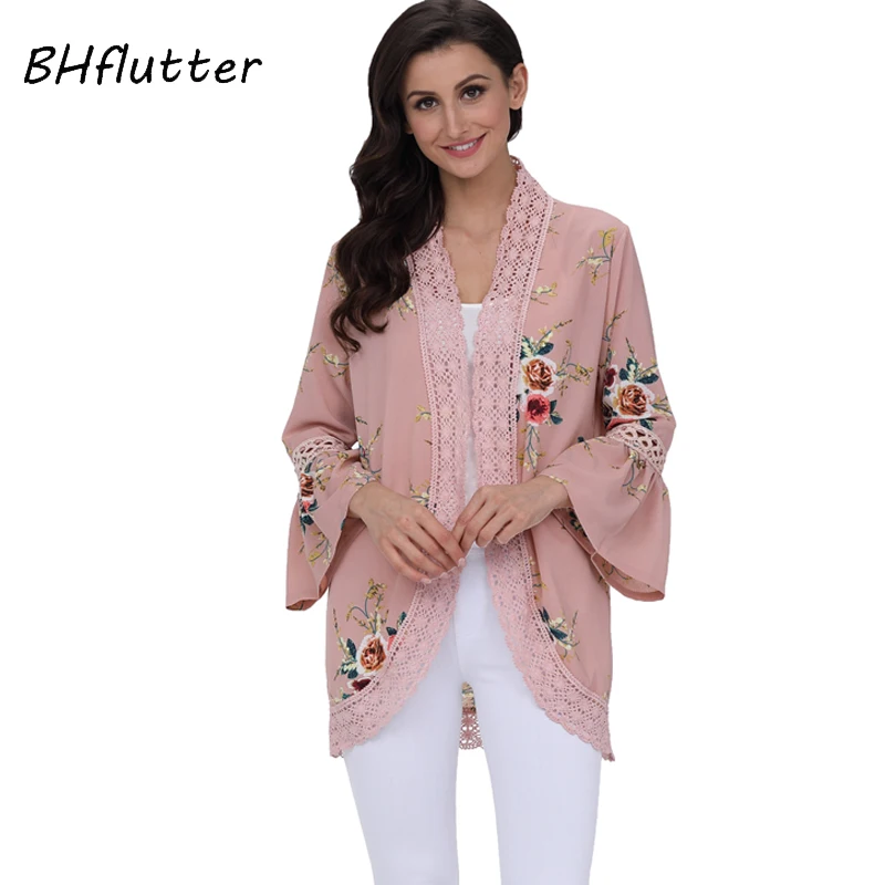 

BHflutter Women Tops Tees Floral Print Casual Lace Blouses Summer 2018 New Style Half Flare Sleeve Chiffon Blouse Shirt Blusas