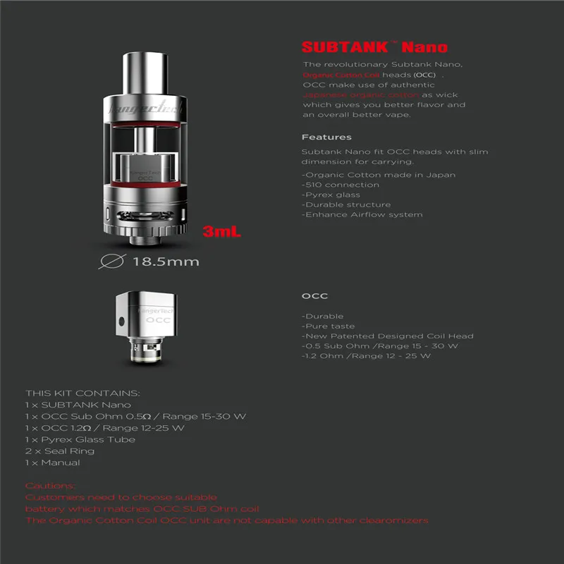 Оригинальный Kangertech Subtank Nano испаритель электронная сигарета распылитель Sub Ом Vape