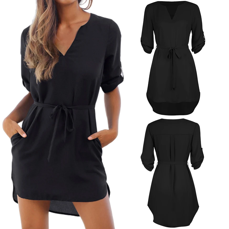 

Chiffon Sundress Casual V Neck Dresses With Pockets For Women Loose Sukienka Fashion Beach Robe Femme Ete 2021 Plain Dress Kleid