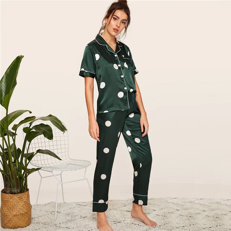SHEIN Сатиновые весенне-летние пижамы с принтом, женская одежда, короткий рукав, длинные штаны, одежда для сна, повседневный комплект свободных пижам для дам