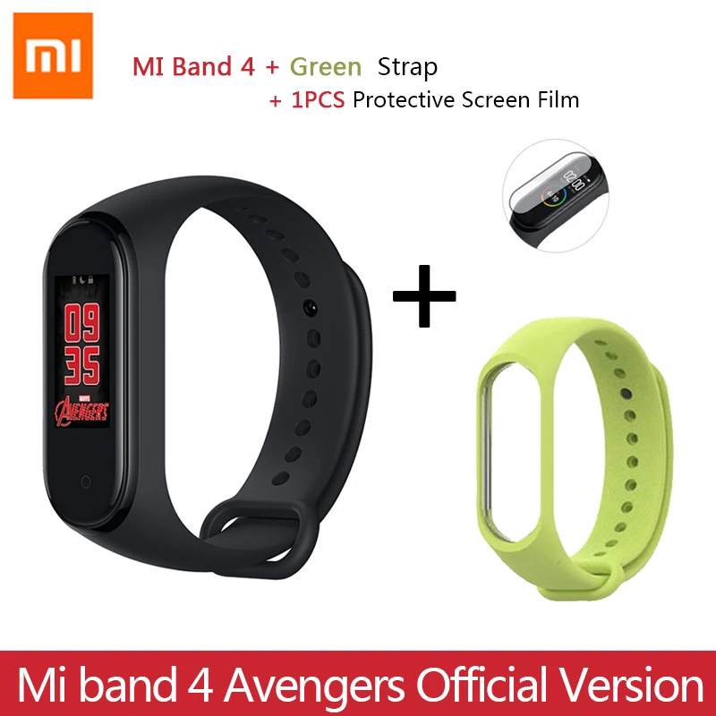 Add Green Strap Новейший Xiaomi mi браслет 4 Мстители официальное издание Смарт mi Band 4 Мститель браслет Bluetooth 5,0 пульсометр фитнес - Цвет: Add Green Strap