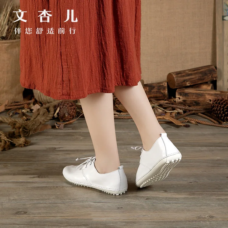 

Whensinger - Women Flat Shoes loafers Genuine Leather Casual Tie Flats Shoe Comfortable Peas shoes Comfortable Driving shoes
