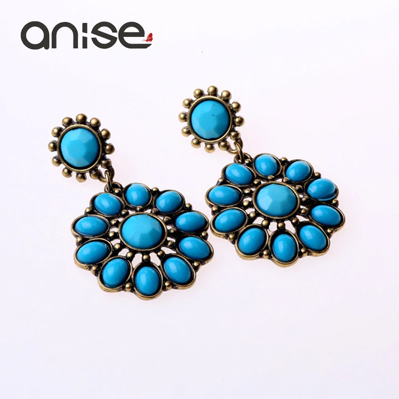 Анис винтаж синий цветок длинные висячие серьги Роскошный Кристалл Камень