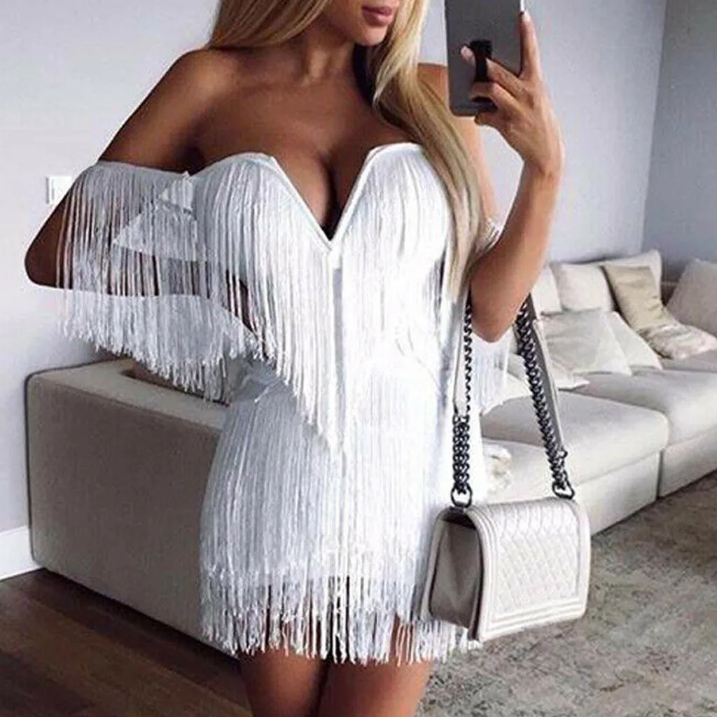 Белое Облегающее сексуальное однотонное платье с кисточками на груди летние