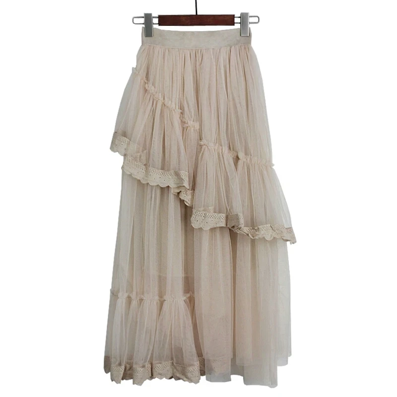 Новинка лета 2020 Женская шикарная Асимметричная газовая Лоскутная кружевная юбка