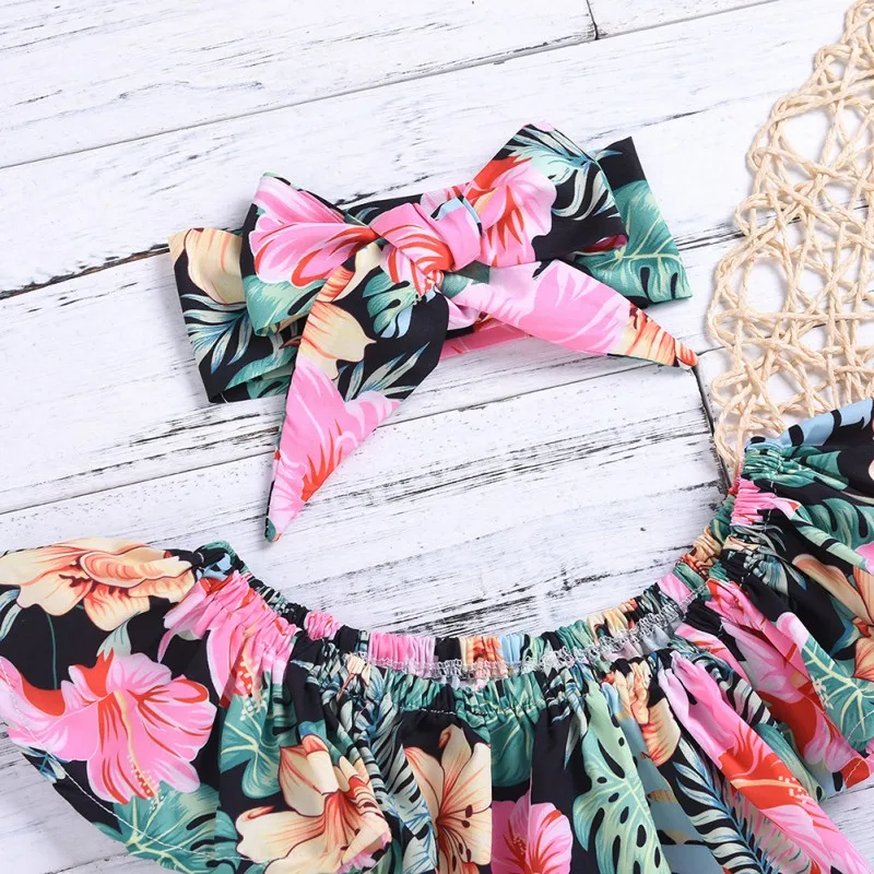 Children Summer Baby Girls Clothes Set Casual Floral Pattern Off Shoulder Sleeve Tops Blouse+Shorts+Headband Suits Costume | Детская