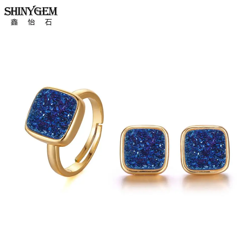 Серьги гвоздики с натуральным кристаллом ShinyGem Square регулируемые кольца