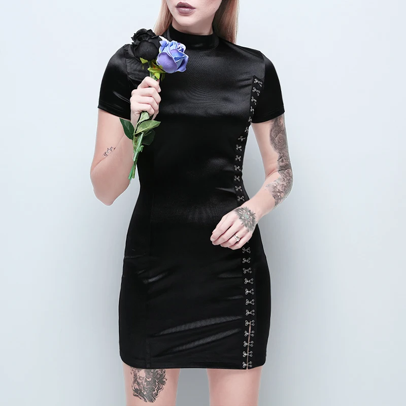 Летнее бархатное китайское платье Cheongsam Harajuku, Сексуальное Тонкое Платье, темное готическое панк черное платье, винтажные женские платья на пуговицах