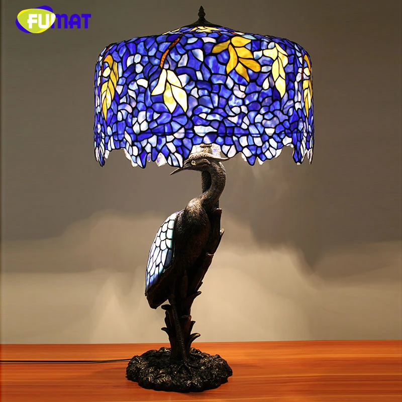 FUMAT Tiffany Quality Living Room European Stained Glass Wisteria Table Lamp Crane Bird Resin Stand Luxury Lamps | Лампы и освещение
