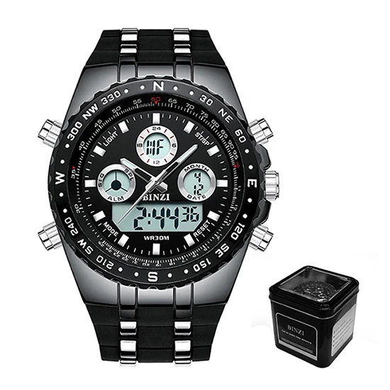 Black with Box Relogio Masculino роскошные спортивные часы для мужчин светодиодные цифровые армейские часы водонепроницаемый двойной дисплей аналоговые наручные часы Топ часы для мужчин - Цвет: Black with Box