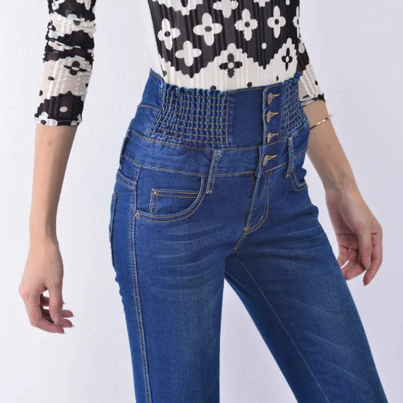 Высокая талия женские джинсы Полная длина мамы карандаш брюки широкие черные