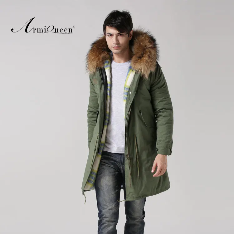 

White blue winter Army green raccoon fur hood man style coat free shipping