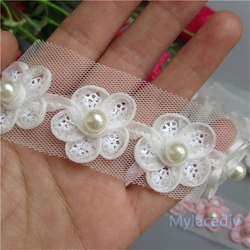 1 Yard 28mm Pearl Net Sakura Flower Lace Edge Trim Ribbon Fabric Embroidered Applique Sewing Craft Crochet Wedding Dress Clothes | Дом и сад