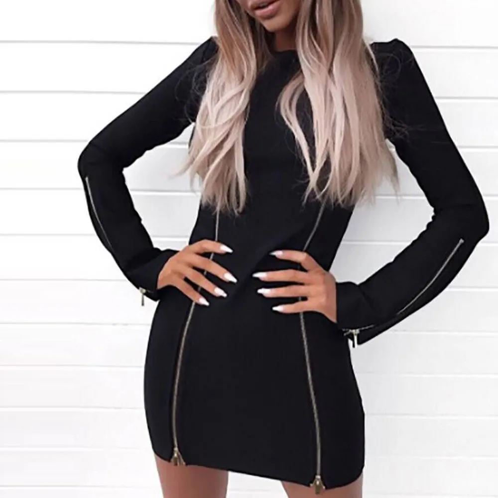 Платье женское модное Повседневное платье с длинным рукавом на молнии в стиле