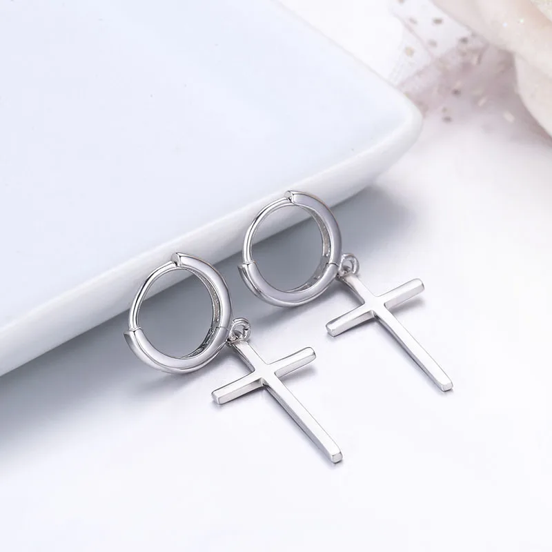 Real 925 Sterling Silver Small Loop Circle Cross Charm Drop Dangle Earrings For Women Girls Kids Children Men Jewelry Gift Aros|dangling earrings for