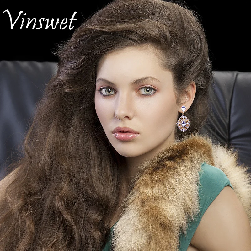 Vinswet Sparkly Copper Alloy Austria Zircon Earrings Women Bling Party Jewelry Elegant Rhinestone Stud VIN054 | Украшения и