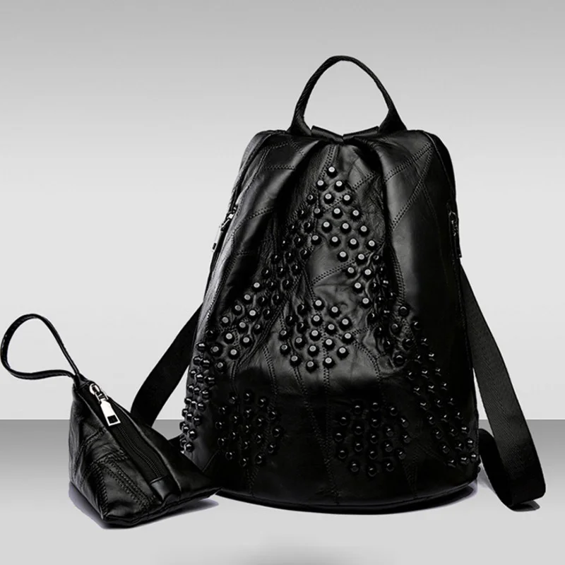 Модные яркие Для женщин мягкий кожаный рюкзак дамы черный заклепки Винтаж