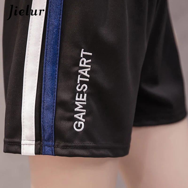 

Jielur 2020 Chic Casual Elastic Korean Black Wide Leg Shorts High Waist Letter Embroidery Wild Shorts For Women Pantalon Corto