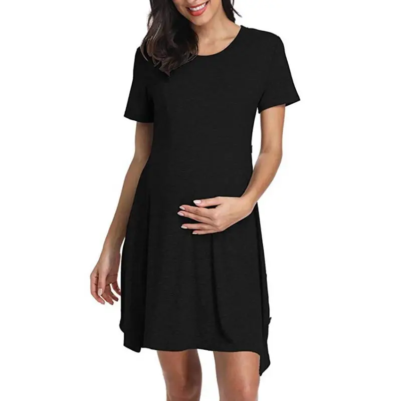 Black Модное женское платье для беременных с коротким рукавом, однотонное платье для беременных с круглым вырезом, ТРАПЕЦИЕВИДНОЕ платье для беременных женщин, ежедневные летние платья - Цвет: Black