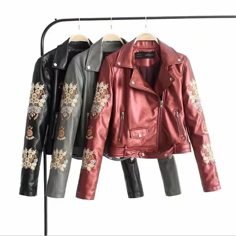 ПУ вышивка мотоциклетная Верхняя одежда Тонкий Veste Manteau Весна негабаритных кожаные куртки женские осенние кожаные пальто Pu жилет