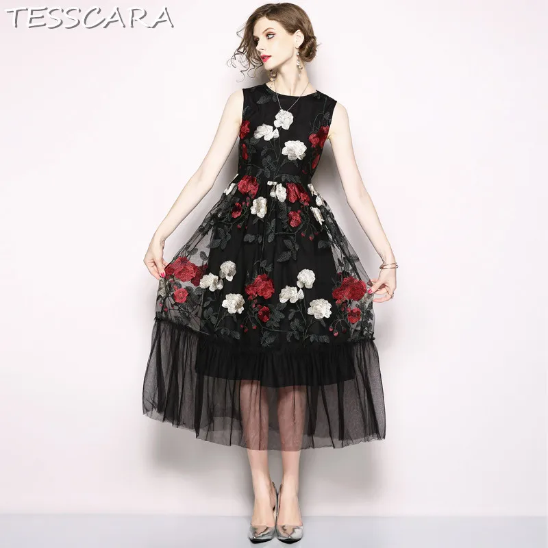 Женское Сетчатое платье с вышивкой TESSCARA винтажное дизайнерское высокого