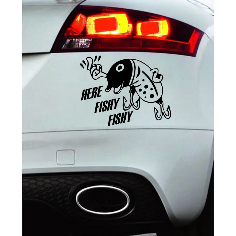 

YJZT 15cm*11.7cm HERE FISHY FISHY Funny Vinyl Car Sticker Decals Black Silver Accessories Car-styling C11-0250