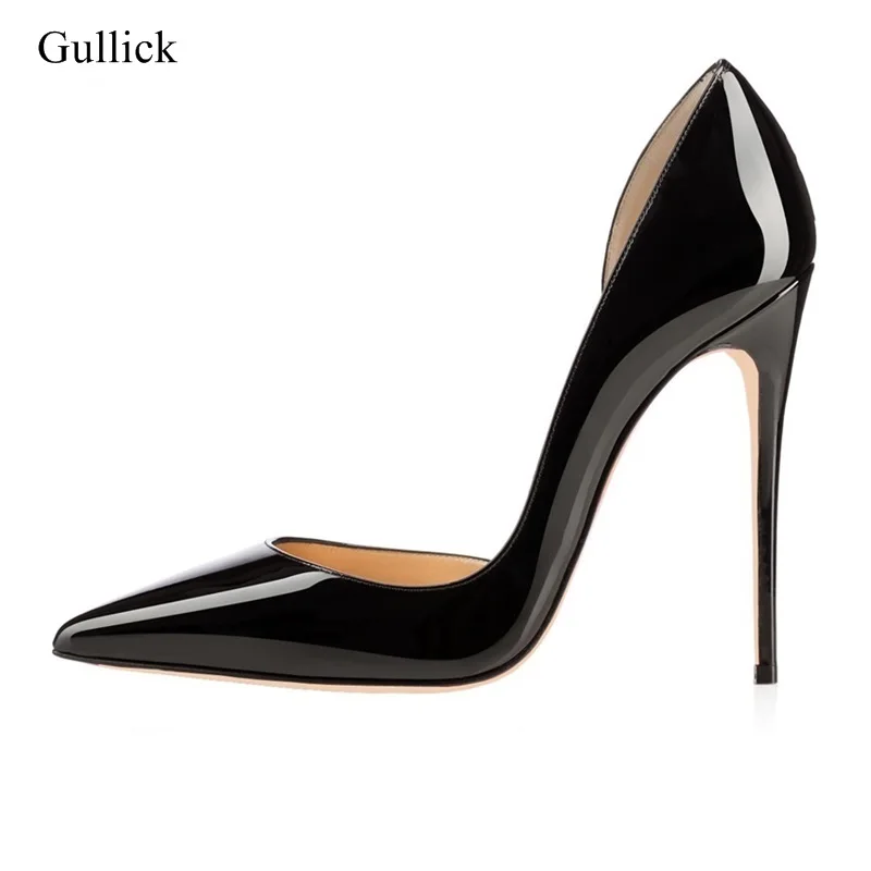 Туфли с вырезами на каблуке 12 см; свадебные туфли на шпильке с острым носком в стиле знаменитостей; свадебные туфли из черной лакированной кожи под платье для невесты